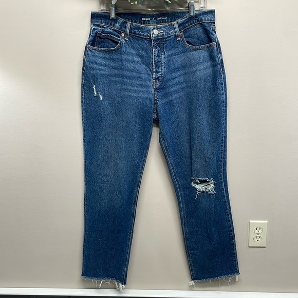 Old Navy High Rise Slouchy Straight Denim Jeans Raw Hem Distressed 8 - Picture 1 of 16